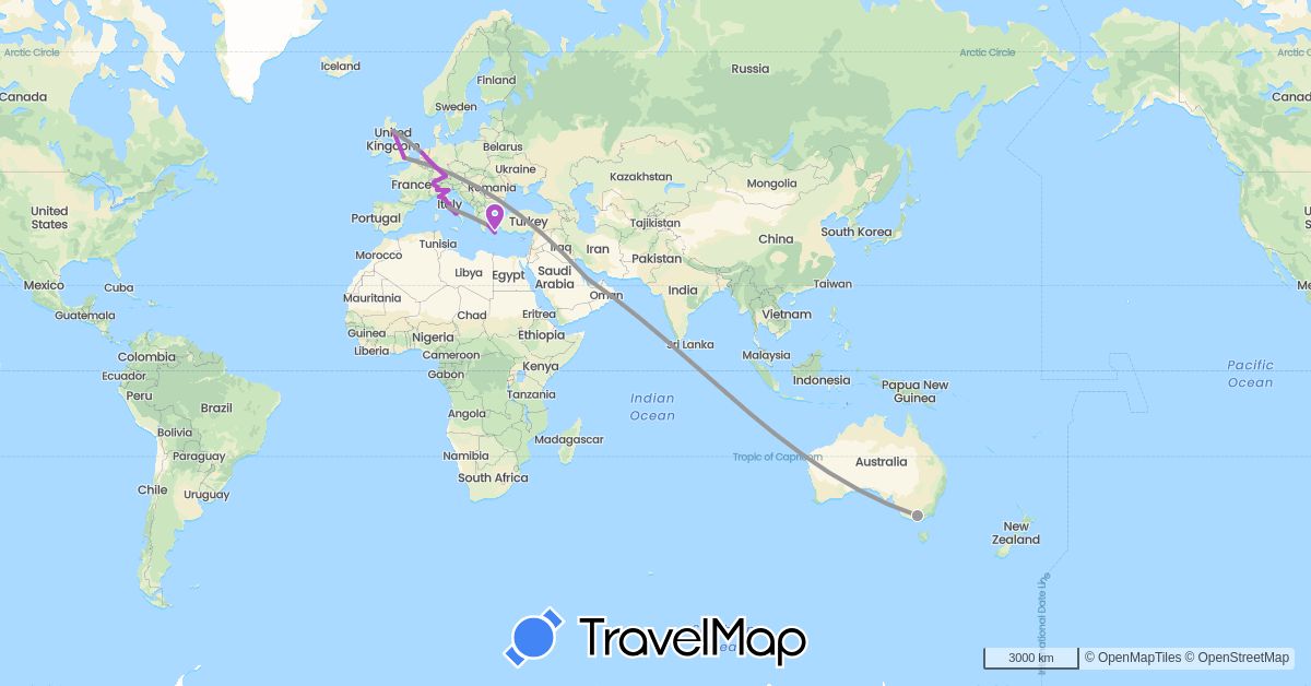 TravelMap itinerary: driving, plane, train in Australia, Switzerland, Germany, United Kingdom, Greece, Italy, Netherlands, Qatar (Asia, Europe, Oceania)